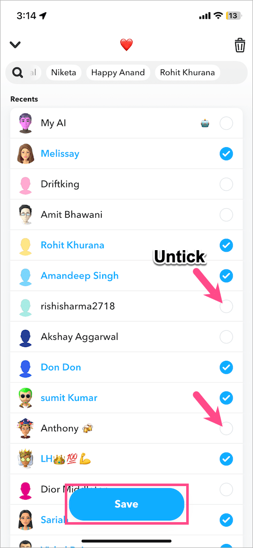 how to remove someone from a Snapchat shortcut