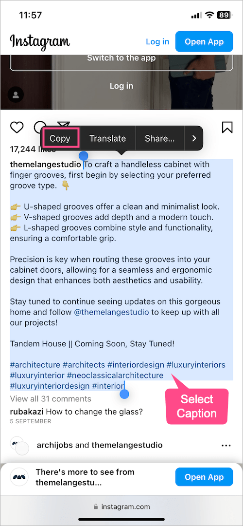 how to copy a caption from instagram reels