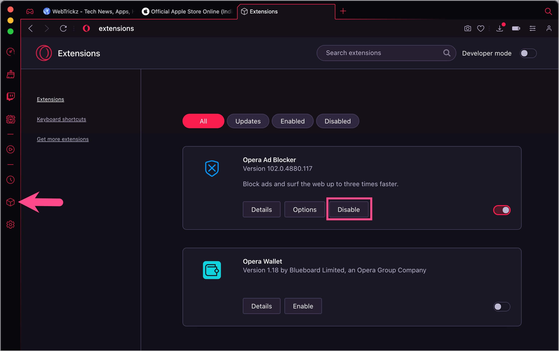 how to disable adblock extension on opera gx