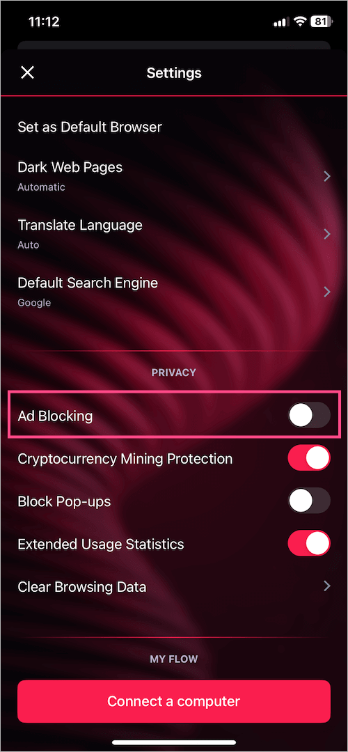 how to completely disable ad blocking on opera gx on mobile