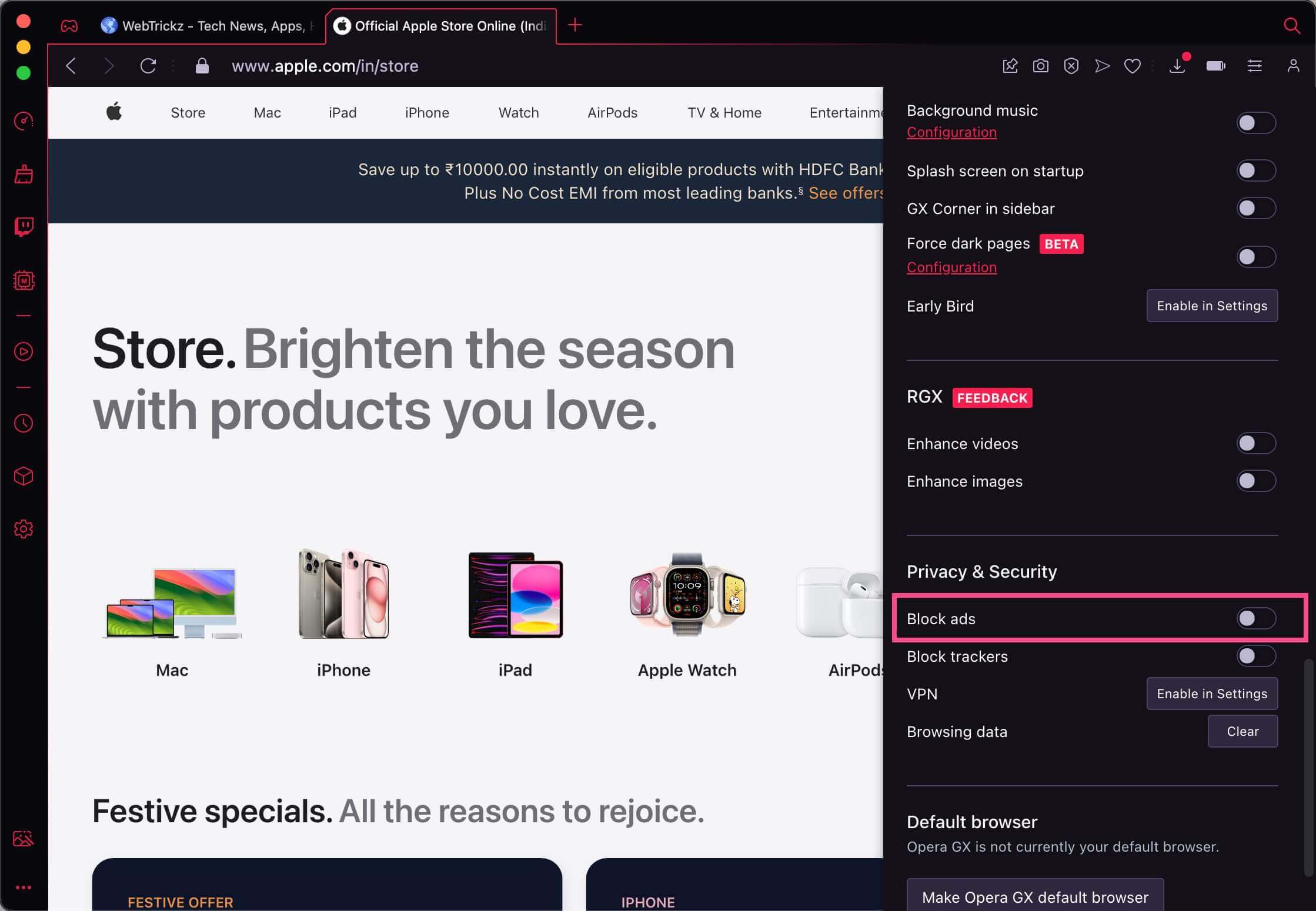 how to turn off ad blocker on opera gx