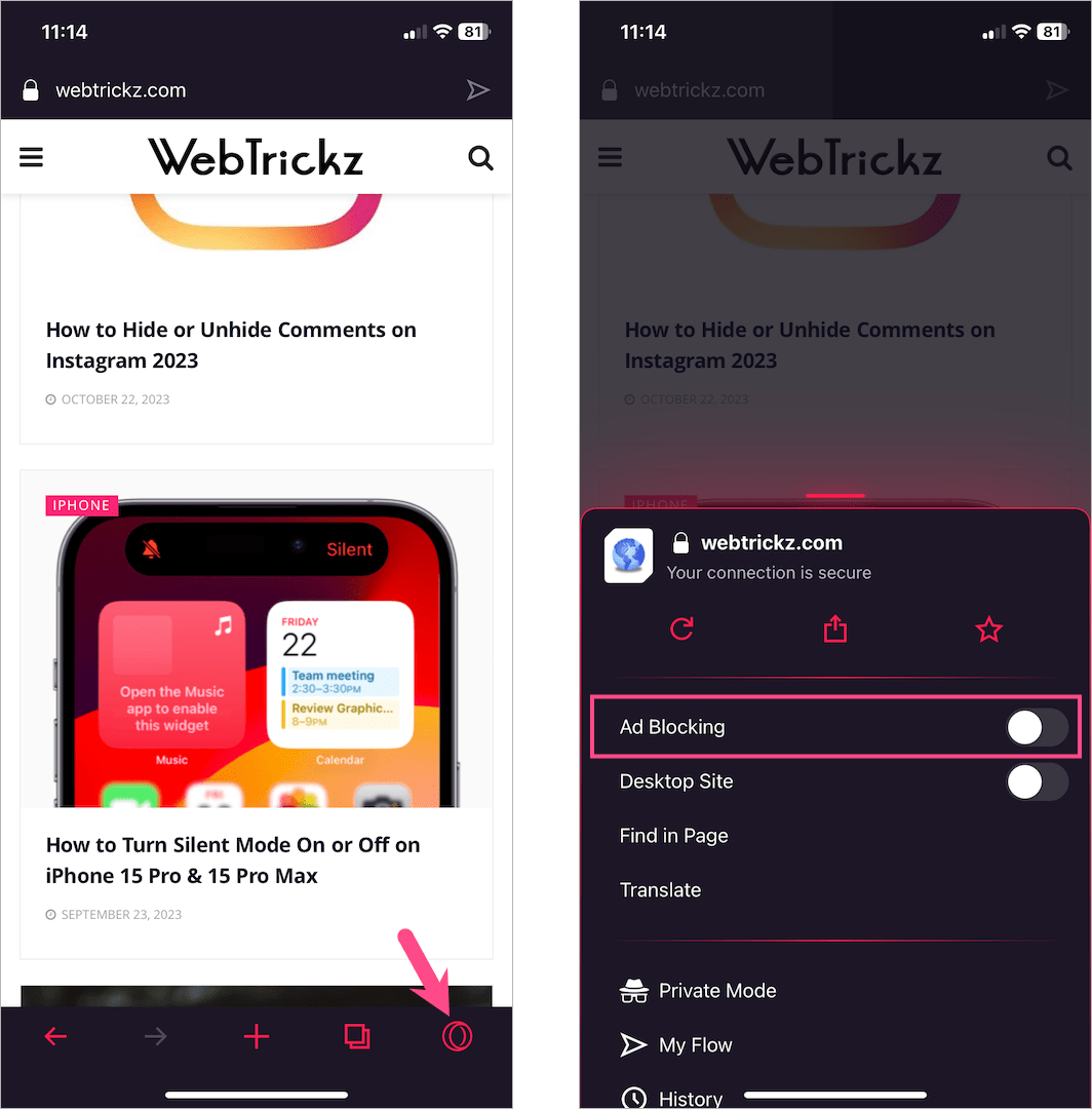 turn off opera gx ad blocker for single website on iphone and android