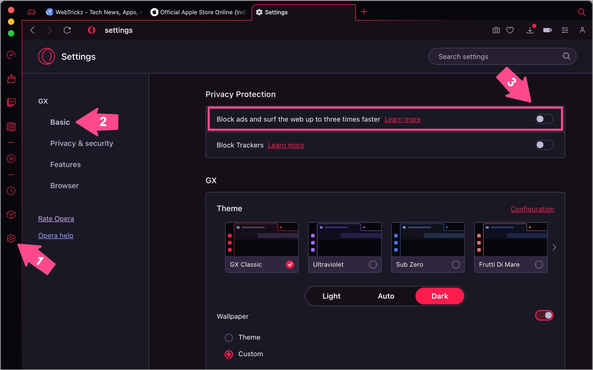 how to turn off opera gx ad blocker on computer