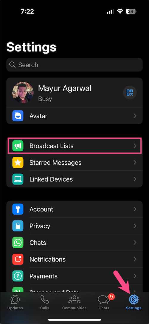 how to find broadcast list in WhatsApp on iPhone