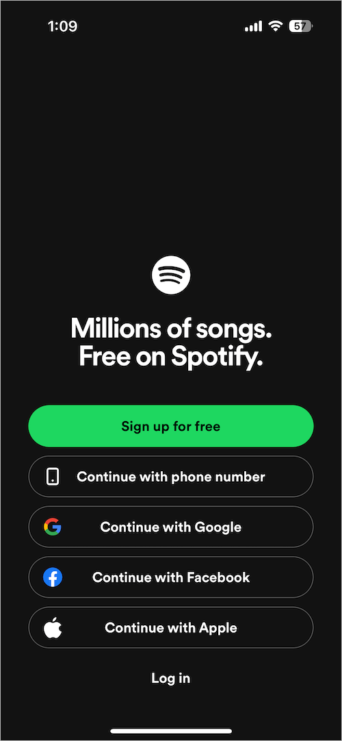 log in screen on spotify app