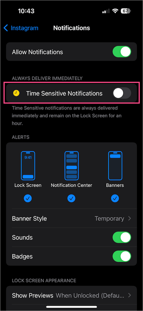 how to turn off time sensitive notifications in instagram on iphone