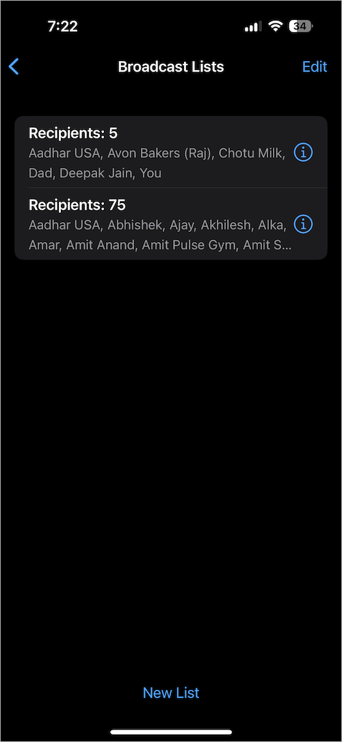 Where are broadcast lists on WhatsApp for iphone