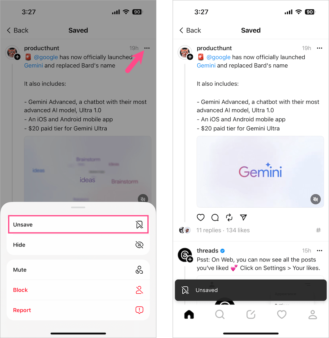 deleting saved posts on the Threads app