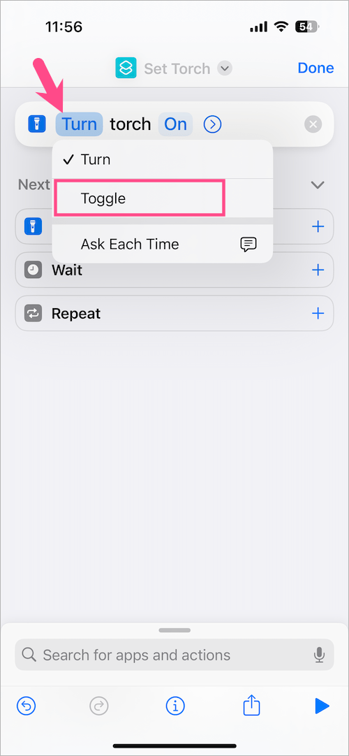 toggle torch shortcut on iPhone