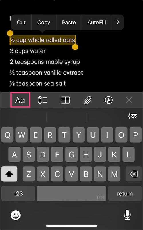 change font colour in notes on iPhone