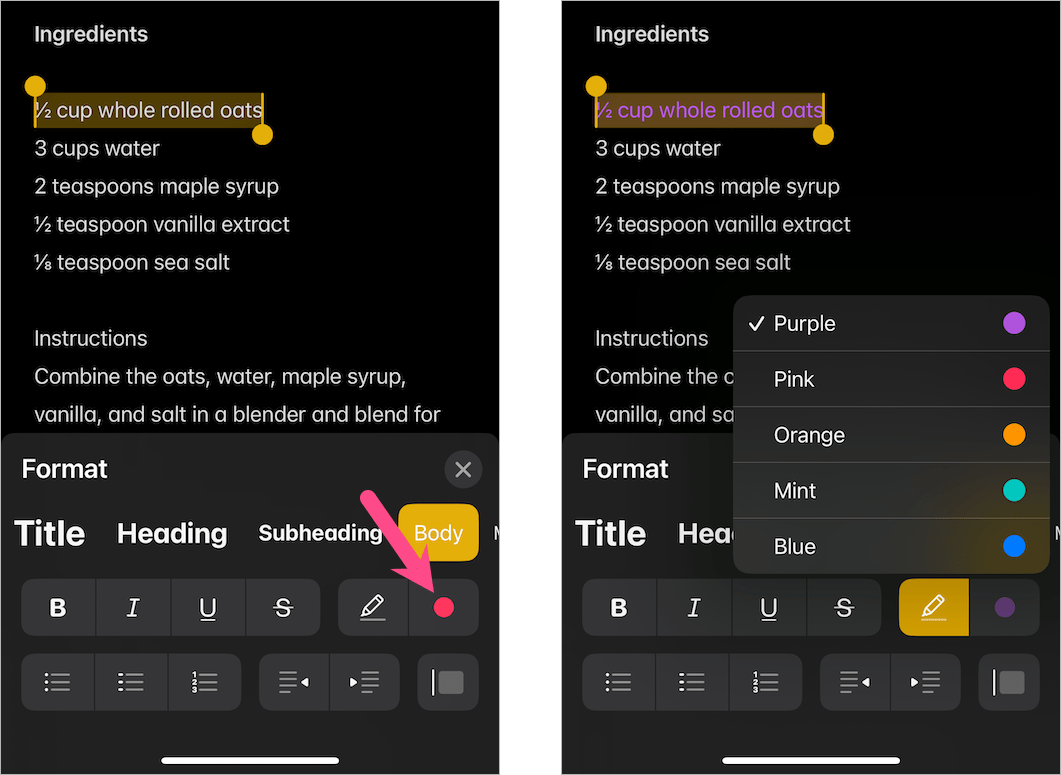 how to change the text color in notes app on iPhone on ios 18 