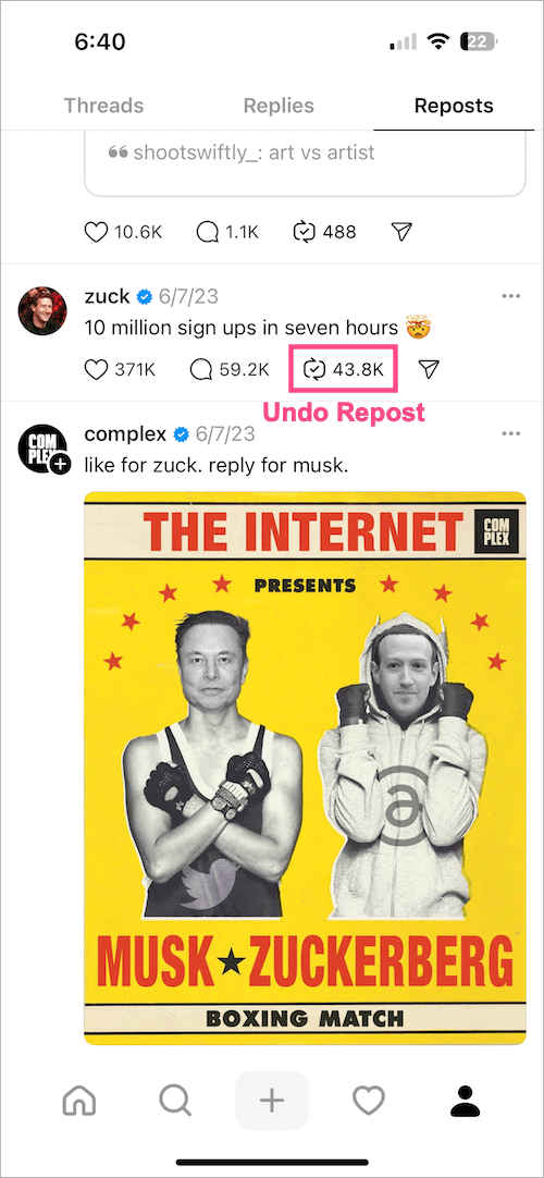how to delete repost on Threads app