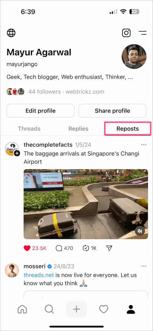 view your reposts on instagram threads