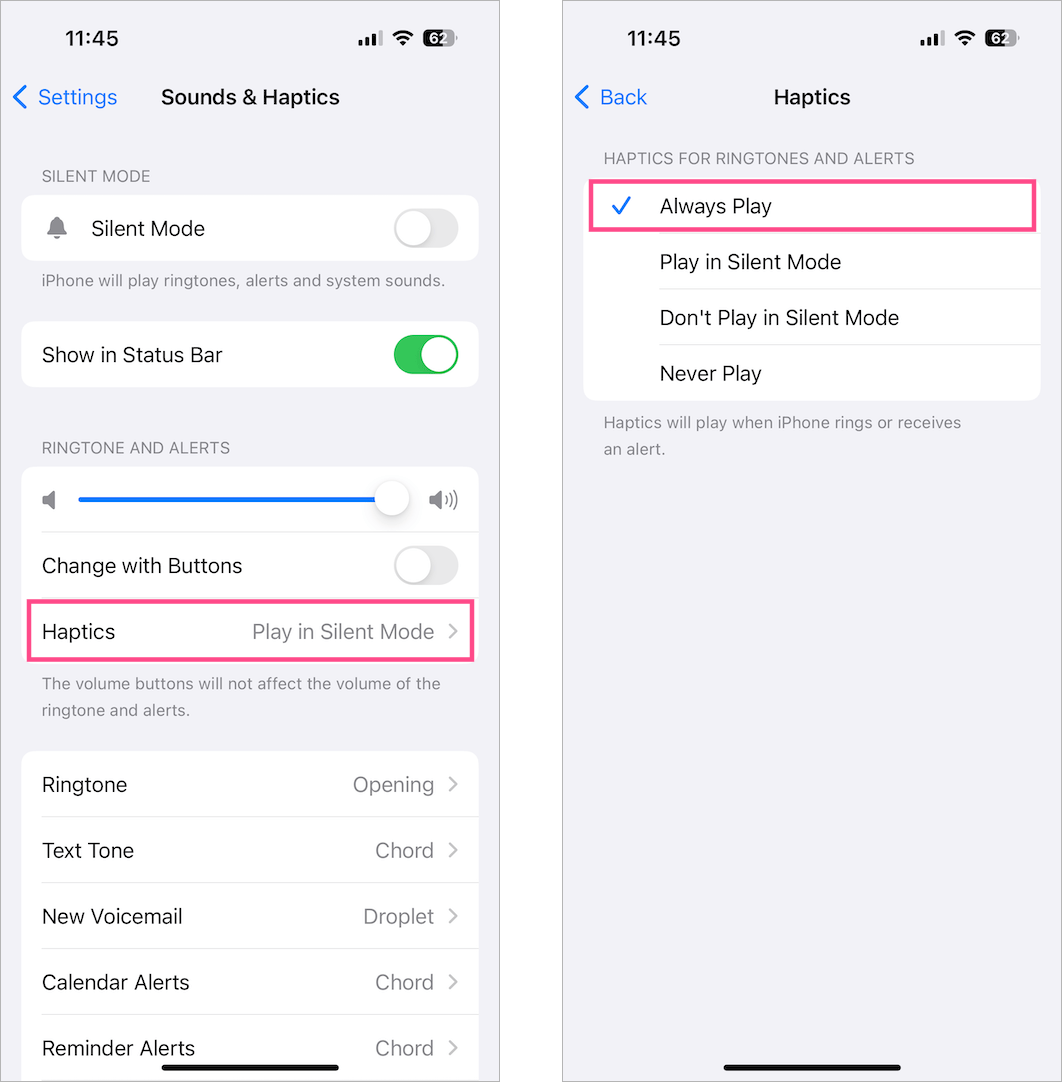 turn on vibration in ring mode on ios 18