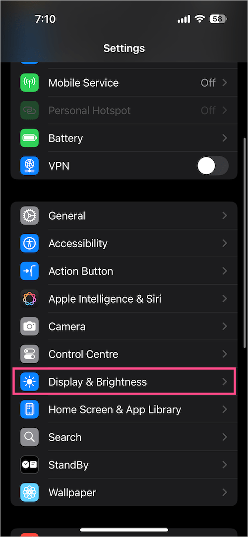 display and brightness settings on ios 18